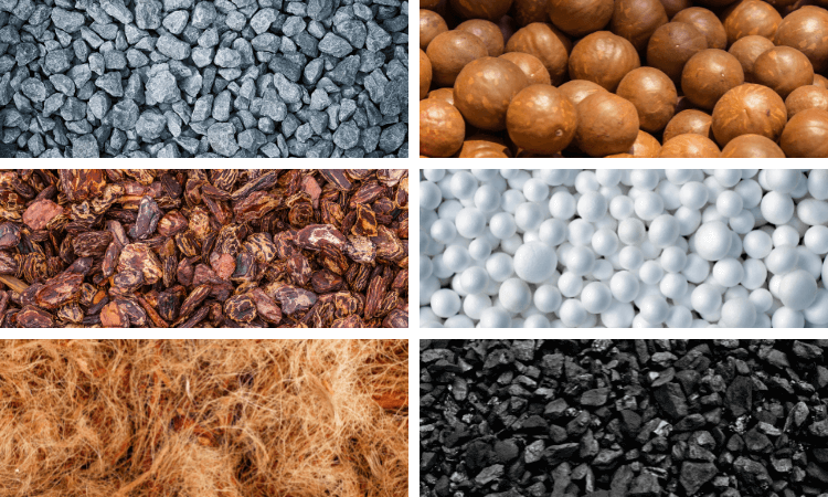 This image shows some of the most famous substrates used in orchids. Gravel, macadamia shell, pine bark, Styrofoam, coconut fiber, and charcoal (we'll talk more about them below)